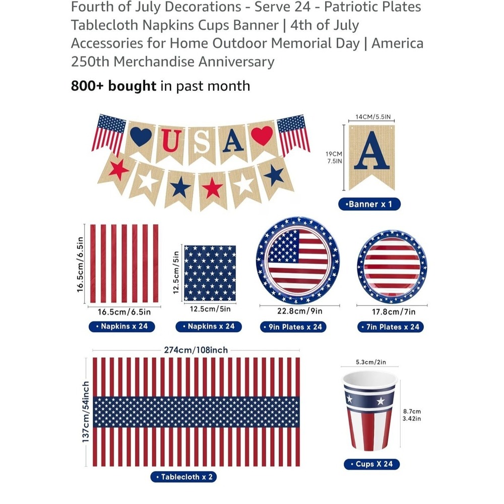Fourth of July Decorations  Serve 24  Patriotic Plates Tablecloth Napkins Cup...